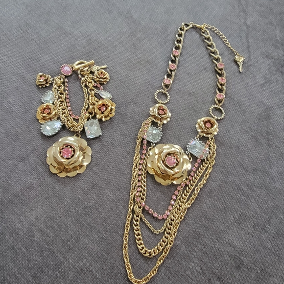 Betsey Johnson Jewelry - Elegant Gold and Pink Floral Necklace and Bracelet Set